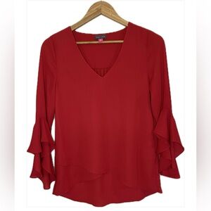 Vince Camuto Red V-Neck Blouse with Flared Sleeves